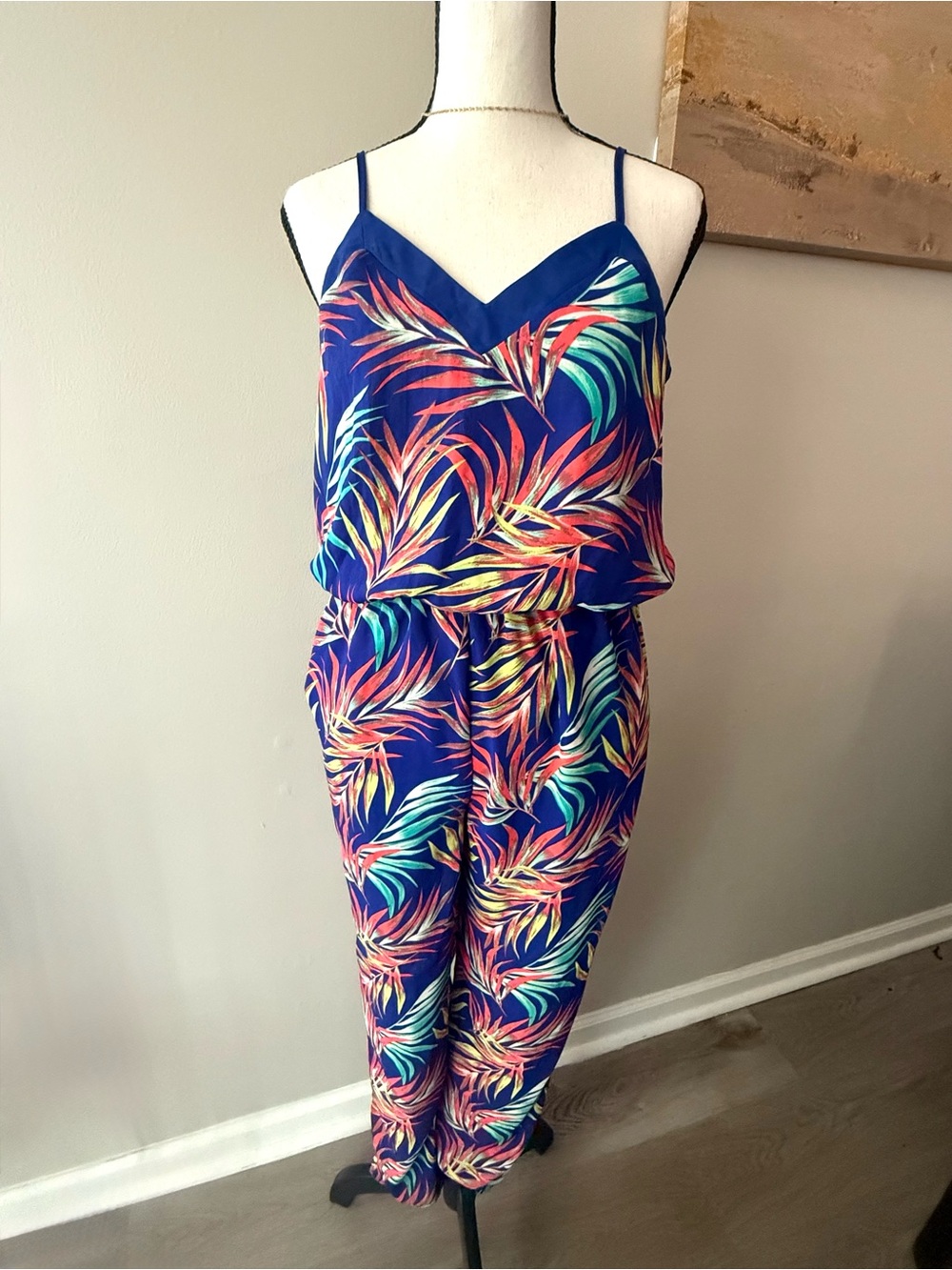 Xhilaration Blue Tropical Leaf Print Spaghetti Strap Jumpsuit